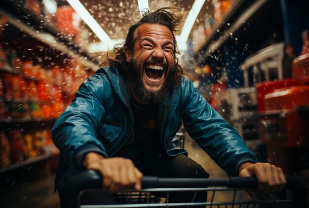 A man riding a shopping cart in a store