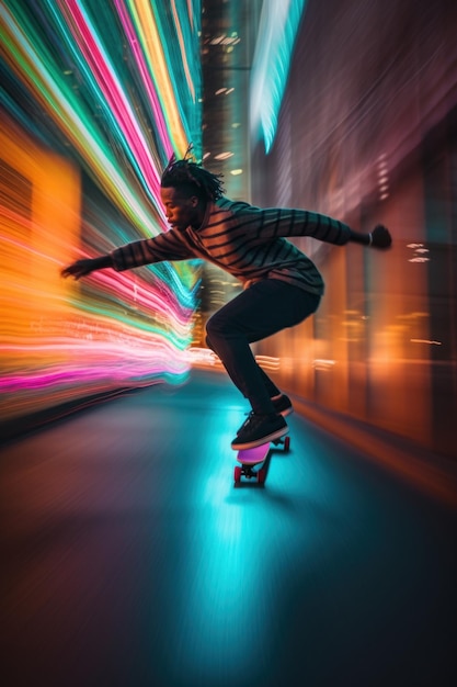 A man riding a skateboard on a city street Generative AI image