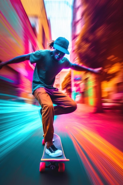 A man riding a skateboard down a city street Generative AI image