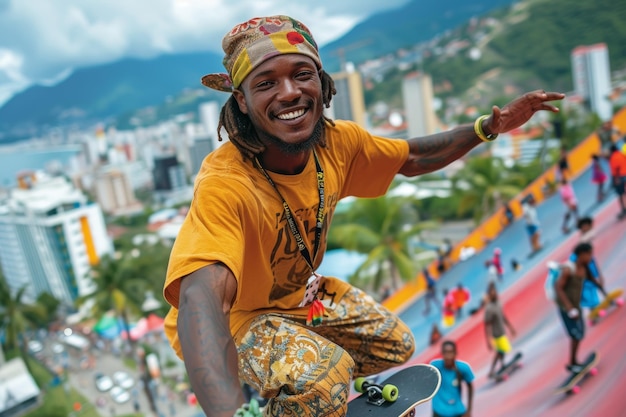 Man riding skateboard down ramp