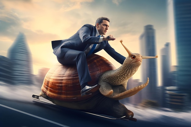 A man riding a snail with a city in the background