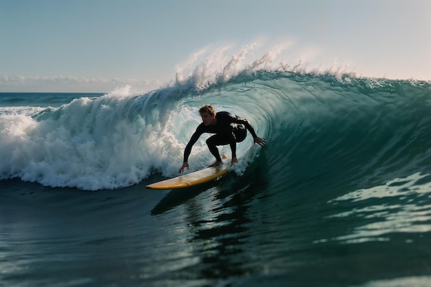 Man Riding Wave on Surfboard Generative AI