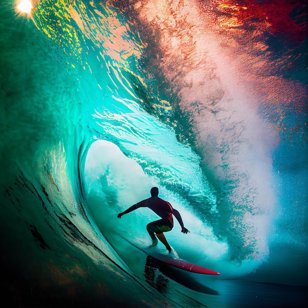 Foto uomo che cavalca un'onda in cima a una tavola da surf generativa ai