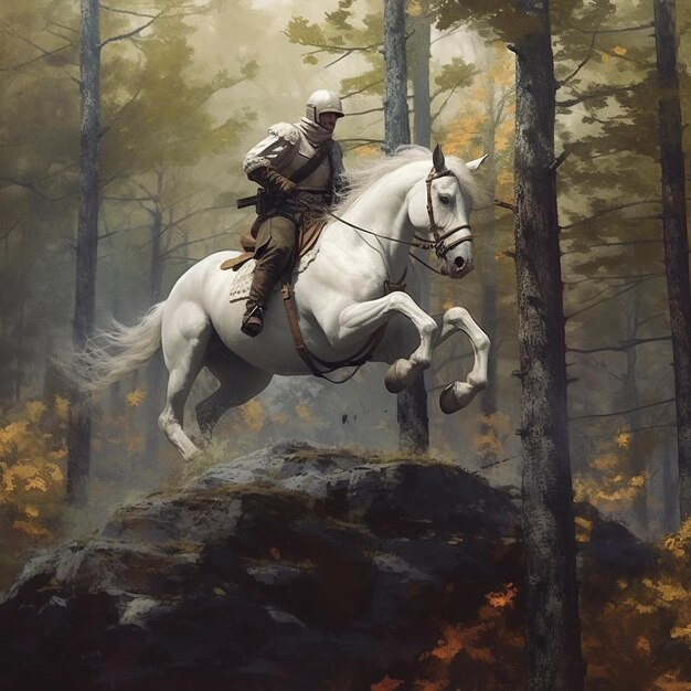 Человек на белой лошади на фоне природы изображение, сгенерированное ИИ