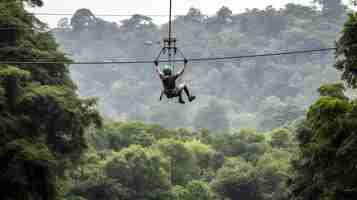 Photo a man riding a zipline over a lush green forest