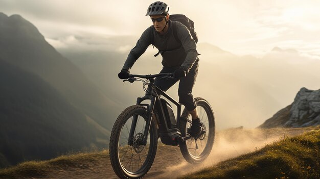 Foto man rijdt op een fiets over een modderweg