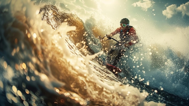 Man rijdt op een golf op een surfplank