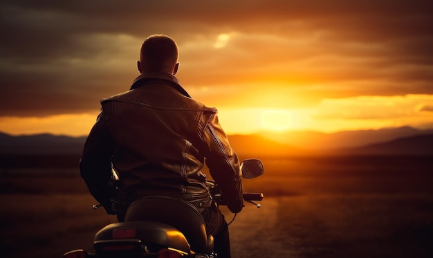 Man rijdt op een motorfiets op een onverharde weg bij zonsondergang Een persoon rijdt met een motorfietstop op een verharde weg