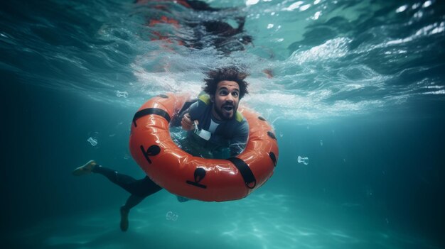 Man rijdt op een opblaasbare buis in het water