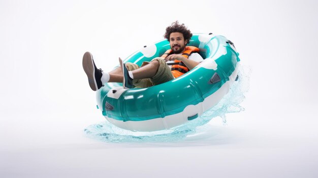 Man rijdt op een opblaasbare buis in het water