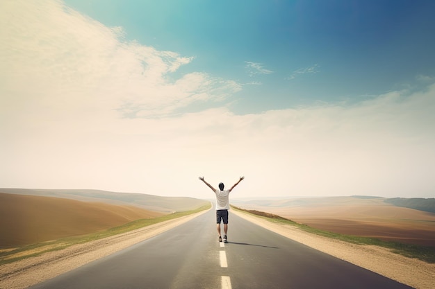 A man on a road with his arms raised