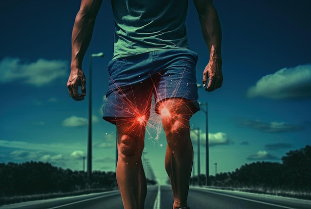 a man on the road with a knee injury in the style of light red and indigo