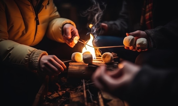 A man roasting marshmallows over a campfire.