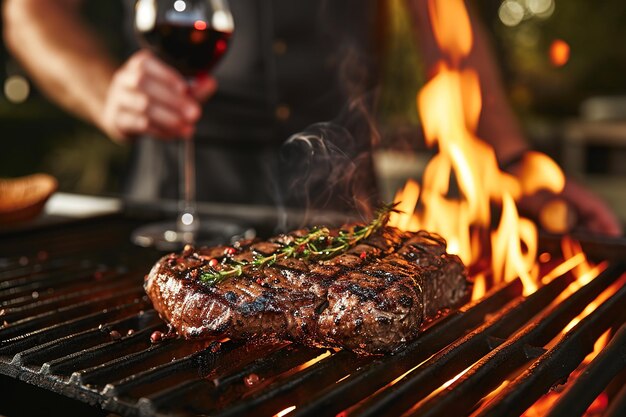 A man roasts a rib eye steak on a grill fire and drinks red wine