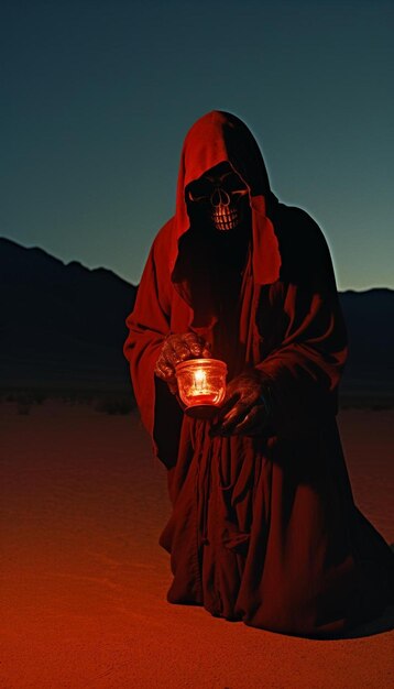 a man in a robe holding a candle in the desert