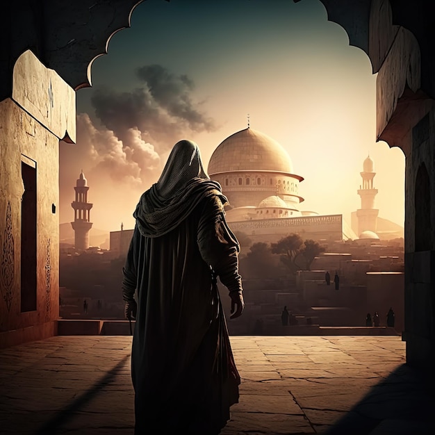 A man in a robe is looking at a mosque with the dome of the rock in the background.