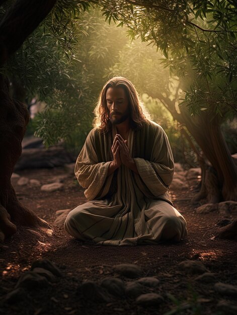 a man in a robe sits in the dirt with the sun behind him