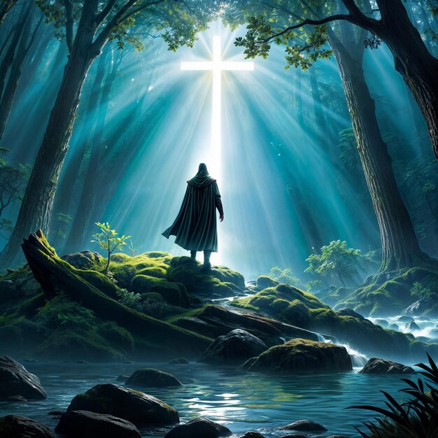 ローブを着た男が森に立って太陽が木の中を照らしている
