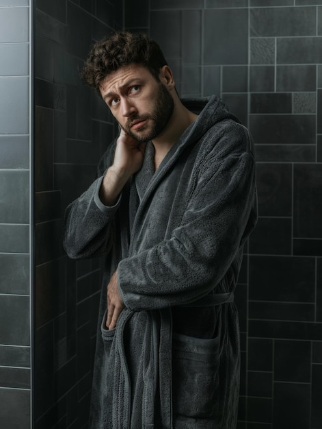 Photo a man in a robe stands in front of a shower