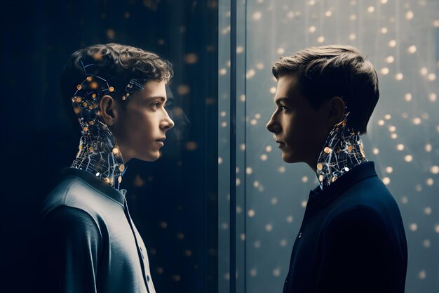 A man and a robot are facing each other.