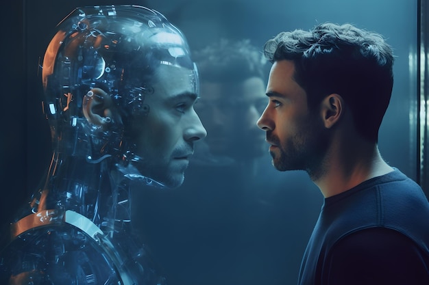 A man and a robot are looking at each other.