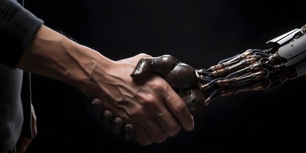 A man and a robot shaking hands