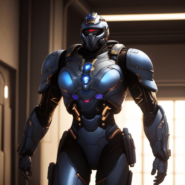 A man in a robot suit with a red face and a blue shield on it.