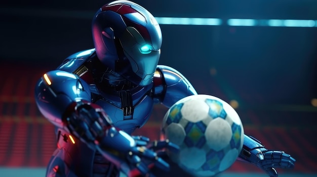 A man in a robot suit with a soccer ball in his hand.