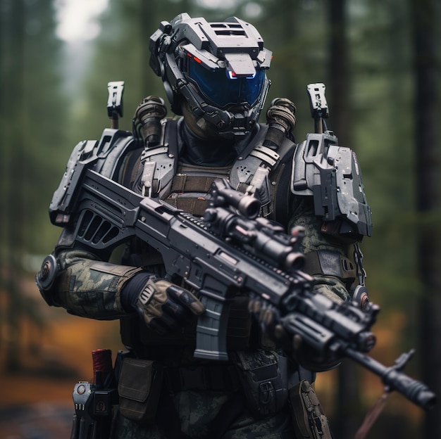 a man in a robot uniform with a gun in his hand.