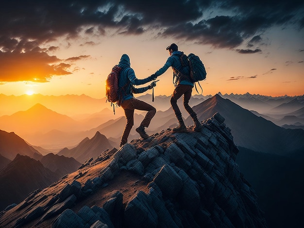 Foto uomo che si arrampica con un altro uomo che aiuta