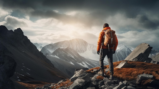 Photo man on a rock in the mountains