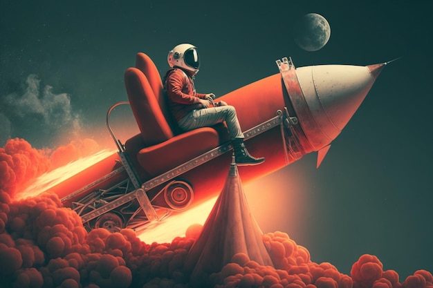 A man on a rocket flying through the clouds