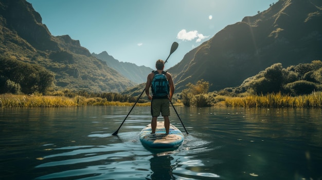 Man roeit met een roeibord op een rivier