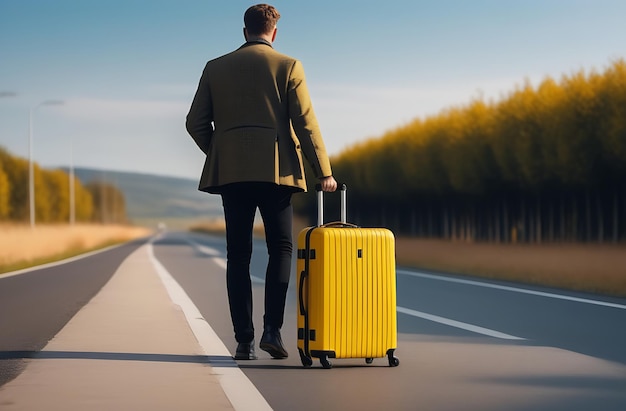 Мужчина качает желтый чемодан по дороге.