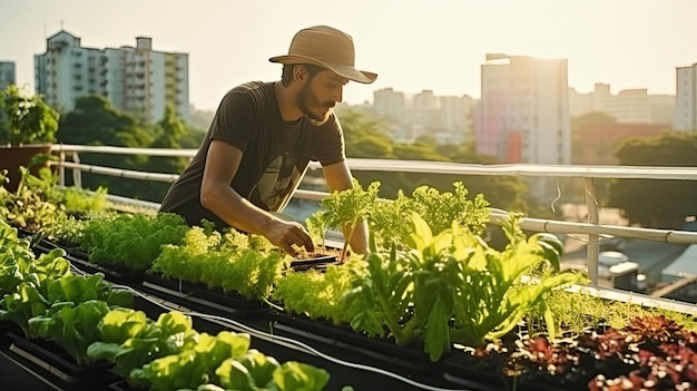 옥상 정원의 남자 옥상 채소밭 건물 옥상에서 야채를 재배하는 남자 건물 옥상에서 도시 농업