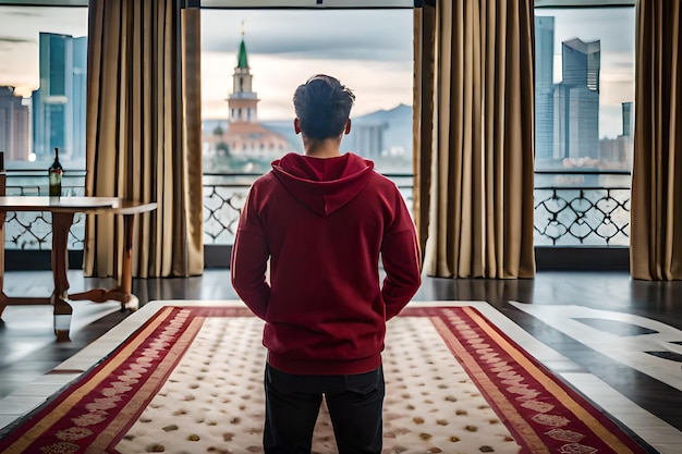 A man in a room with a view of the city of macau