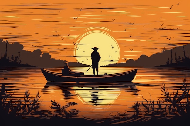 Man rowing a boat on a calm lake during a colorful sunset created with Generative AI technology