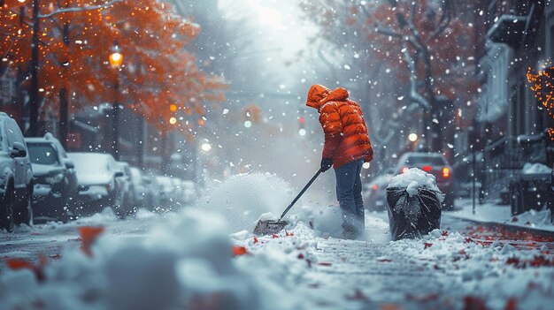 Foto man ruimt sneeuw op straat