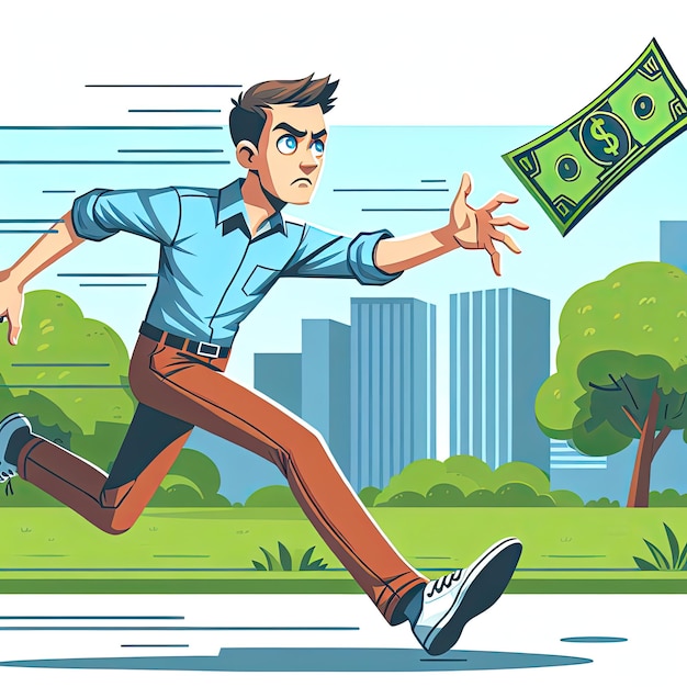Photo man running after flying dollars with cartoon businessman running after flying money bills