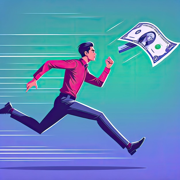 Photo man running after flying dollars with cartoon businessman running after flying money bills