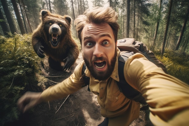 Man running away from scary bear in forest Generative AI