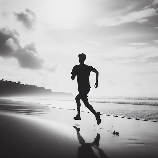 Photo a man running on the beach with the sun shining on his face