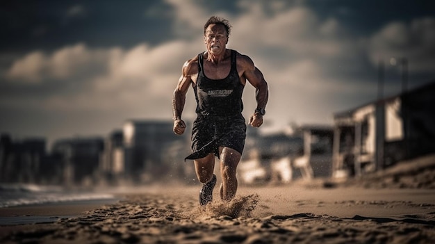 A man running on the beach with the word gym on his shirt.