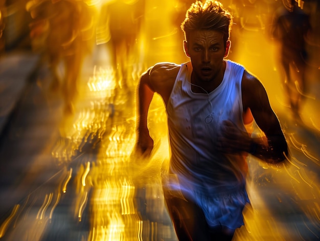 Photo a man running in a blurry photo with a crowd of people behind him