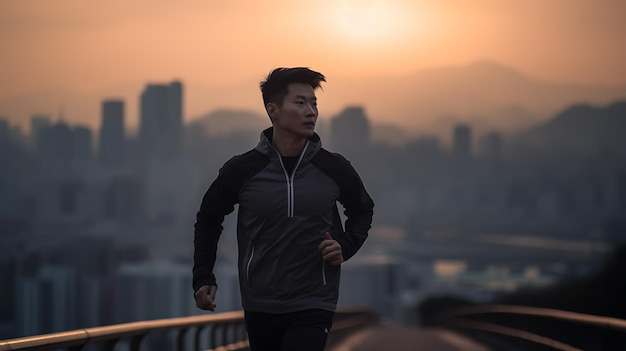 Man running in city at autumn morningCreated with Generative AI technology