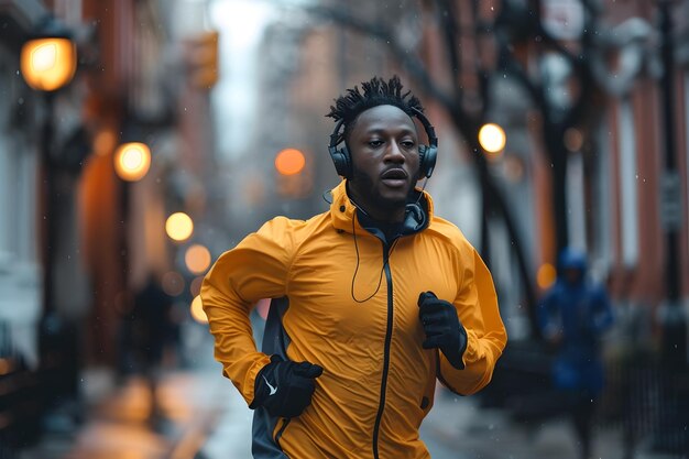 Man Running on a City Street in the Rain with Headphones Premium AI generated image