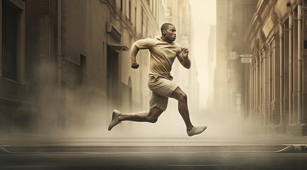 Photo a man running in a city with a poster that says'running'on it