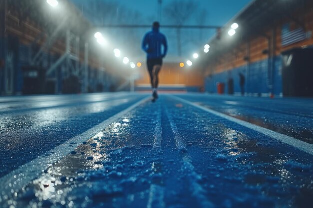 Photo man running down wet road at night