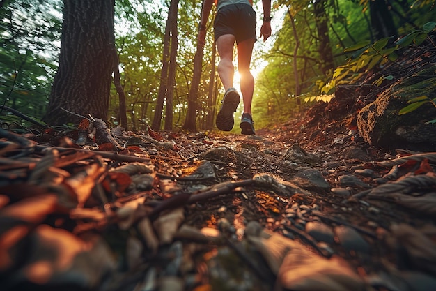 a man running in the forest with the sun shining through the trees