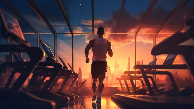 Man running in a gym on a treadmill Concept